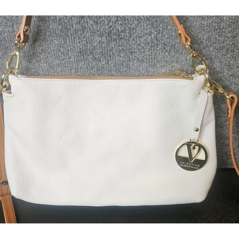 Valentina White Pebble Leather Shoulder Bag Short And Long Strap Multi Pockets